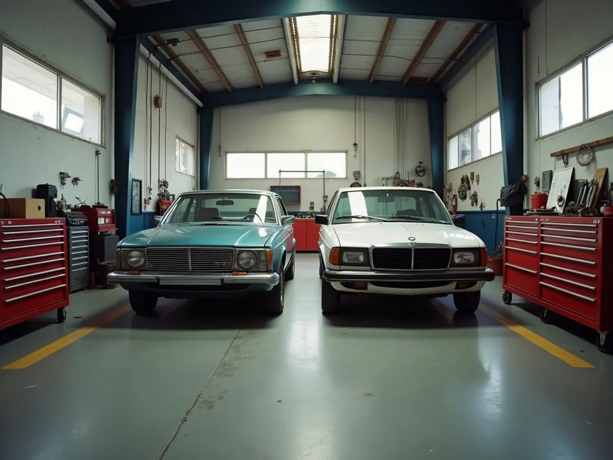 The workshop, with vehicles in the bays