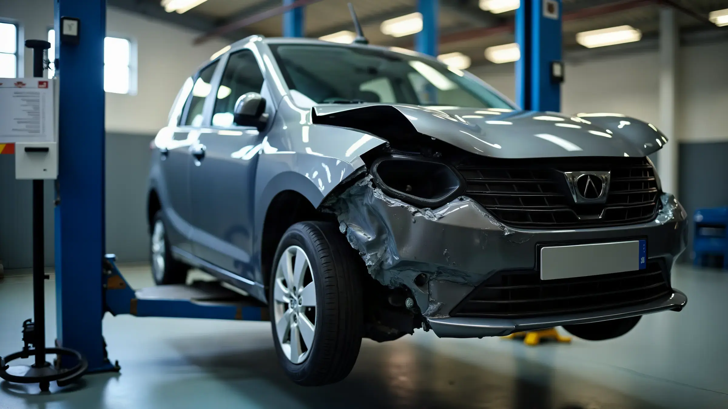 Damaged car on the ramp, ready for assessment