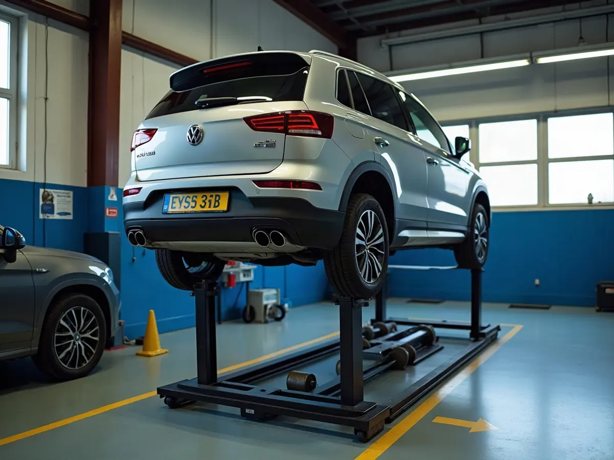 A car raised over the inspection bay in the MOT testing area