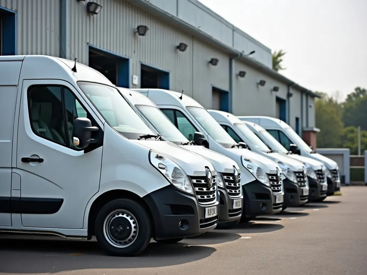 A line of plain white vans on the forecourt
